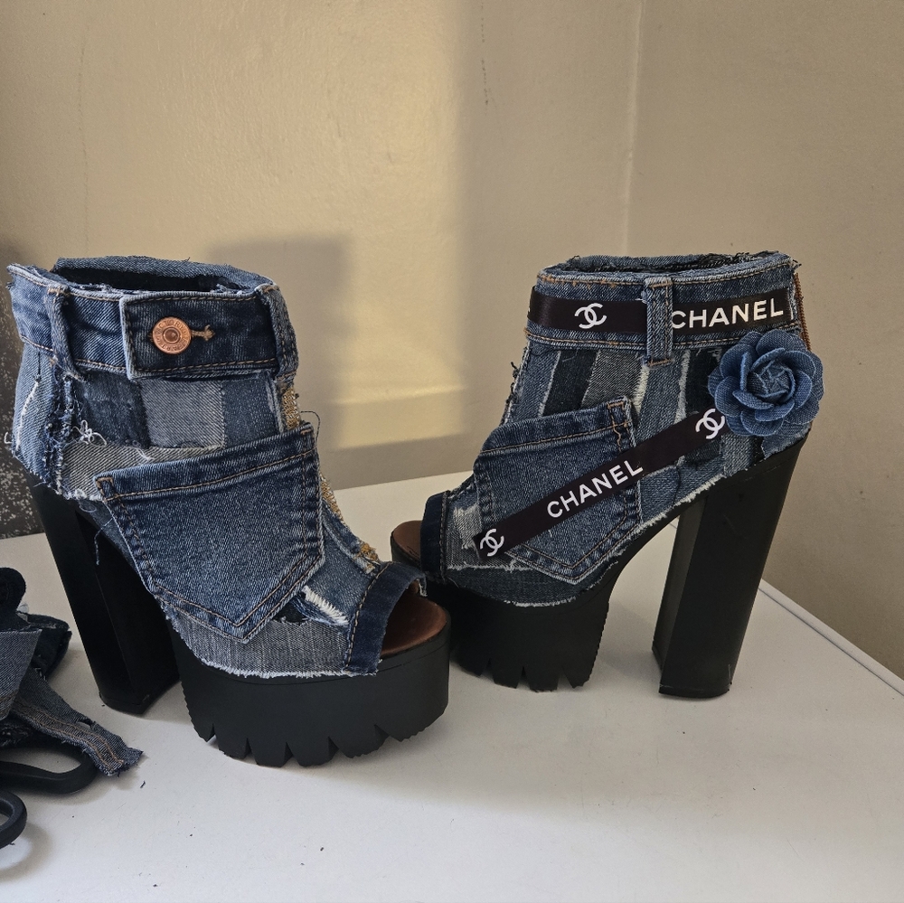 Upcycled Denim Camellia Platform Ankle Boots - Blue - Picture 3 of 6